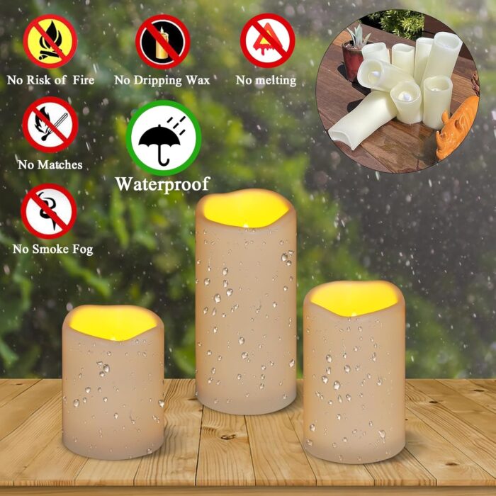Flameless Candles 4" 5" 6" Set of 3 Ivory Outdoor Indoor Pillars 3" Diameter Battery Operated Flickering Candles Include 10-Key Remote Timer Function 400+ Hours Requires 2 AA Batteries - Image 2