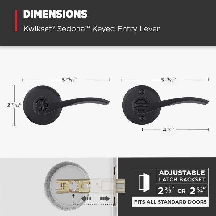 Kwikset Sedona Entry Door Handle with Lock and Key, Secure Keyed Reversible Lever Exterior, for Front Entrance and Bedrooms, Matte Black, Pick Resistant Smartkey Rekey Security and Microban - Image 8