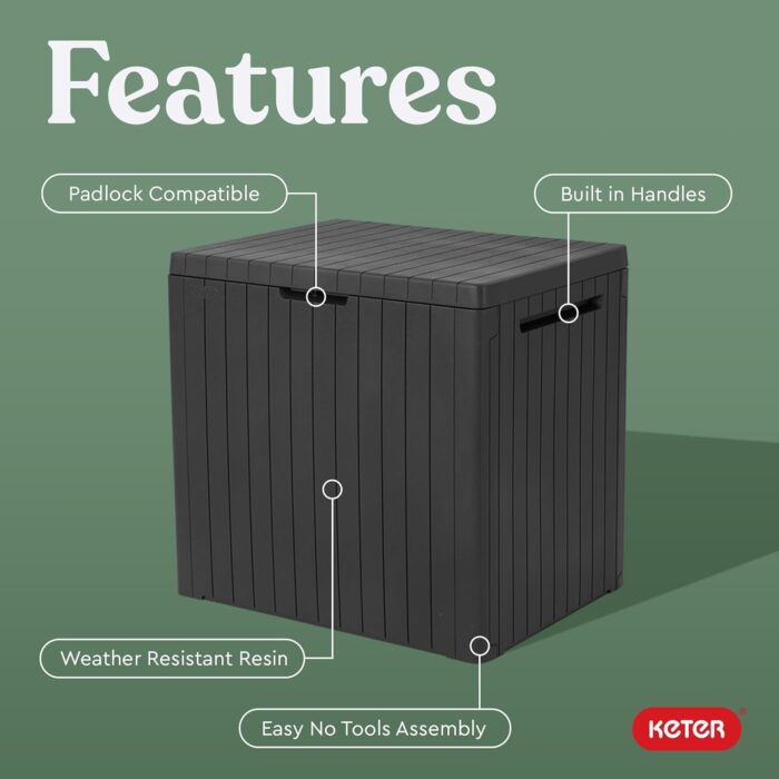 Keter City 30 Gallon Resin Outdoor Storage Box and Patio Storage Box Side Table for Pool and Garden Accessories, Dark Grey - Image 3