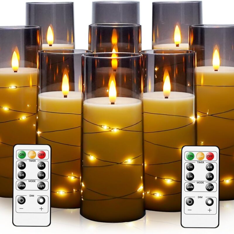 Flameless LED Candles with Timer 9 Pc Flickering Flameless Candles for Romantic Ambiance and Home Decoration Stable Acrylic Shell,with Embedded Star String，Battery Operated Candles（Grey）