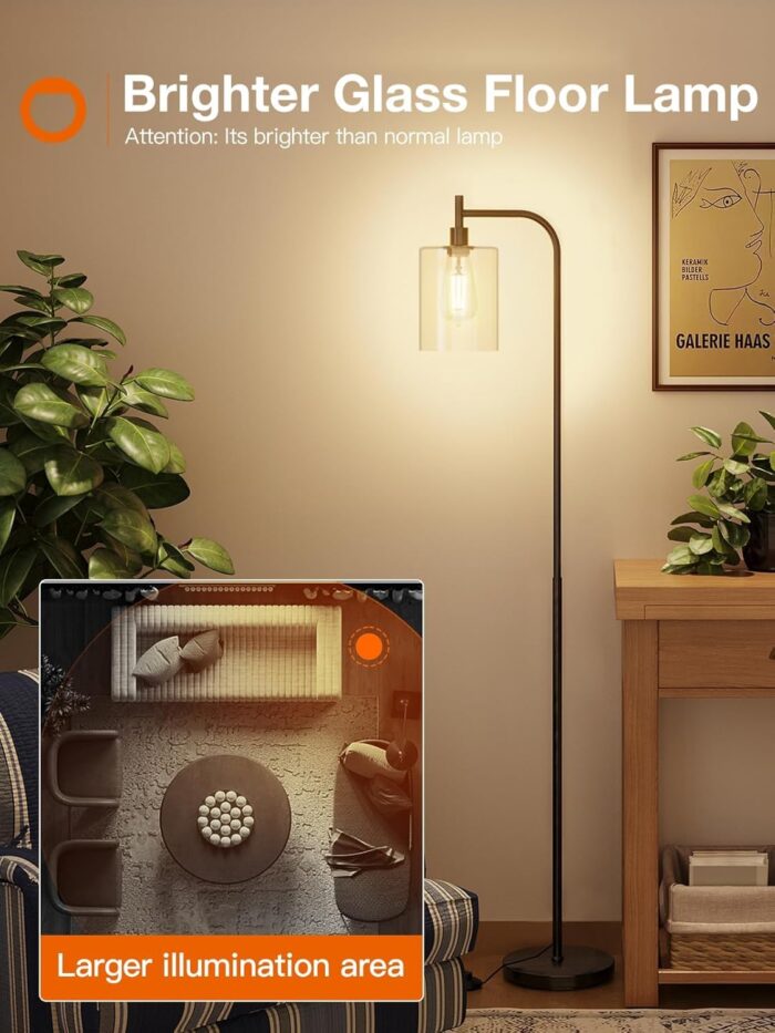 addlon Floor Lamps for Living Room Bright Lighting with Glass lampshade, Modern Bright Floor Lamp with LED Bulbs Industrial Standing lamp for beroom, Tall Pole Lamps Office - Black - Image 2