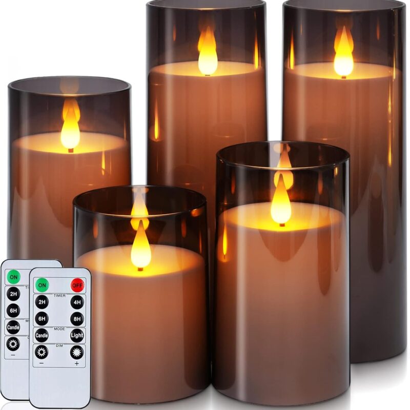 Homemory Gray Flickering Flameless Candles, Battery Operated Acrylic LED Pillar Candles with Remote Control and Timer, Set of 5