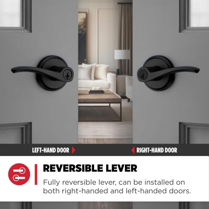 Kwikset Sedona Entry Door Handle with Lock and Key, Secure Keyed Reversible Lever Exterior, for Front Entrance and Bedrooms, Matte Black, Pick Resistant Smartkey Rekey Security and Microban - Image 6