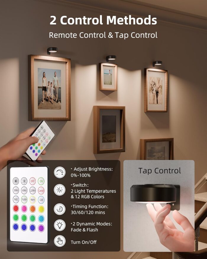 EZVALO Picture Lights for Wall,2000mAh Rechargeable Battery Magnetic Poster Lights with 2 Color Temps&12 RGB,Remote Dimmable Timer Painting Light,Wall Decor Light for Art Display,Picture,Frame(3 Pack) - Image 5