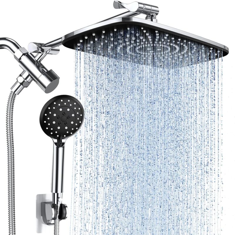 Veken High Pressure Rain Shower Head Combo with Extension Arm- Wide Showerhead with 6 Handheld Water Spray - Adjustable Dual Shower with Anti-Clog Nozzles - Silver Chrome