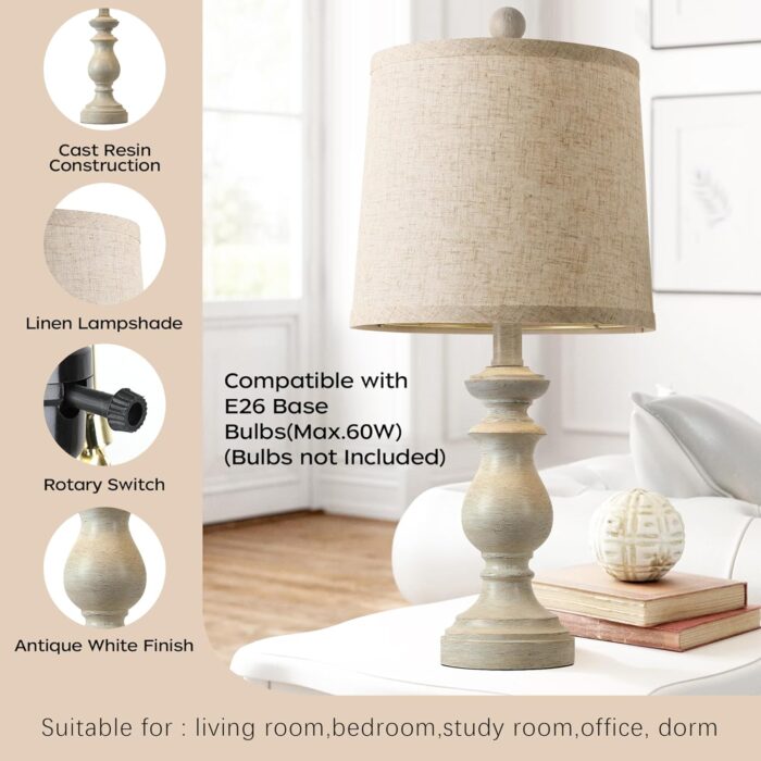 PARTPHONER Traditional Table Lamp Set of 2, Rustic Farmhouse Table Lamps for Living Room Bedroom, 22" Bedside Desk Lamps Vintage Nightstand Lamps with Linen Shades, Antique White - Image 3