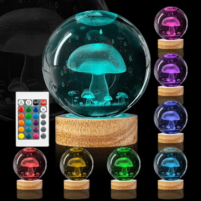 3D Mushroom Crystal Ball Night Light 3.15 inch Mushroom Glass Ball Lamp with 16 Color Changing Wooden Base and Remote Ideal Gifts for Kids Friends Birthday Christmas Cute Mushroom Room Table Decor