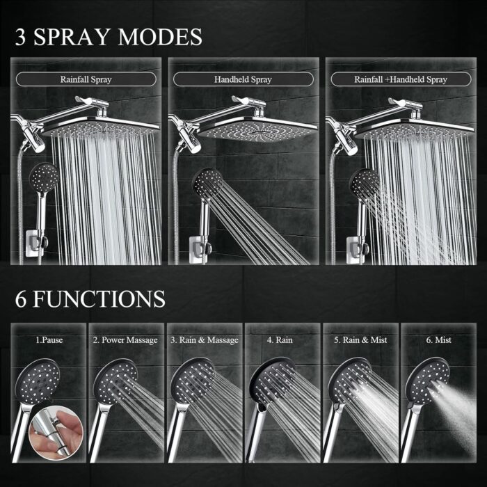 Veken High Pressure Rain Shower Head Combo with Extension Arm- Wide Showerhead with 6 Handheld Water Spray - Adjustable Dual Shower with Anti-Clog Nozzles - Silver Chrome - Image 4