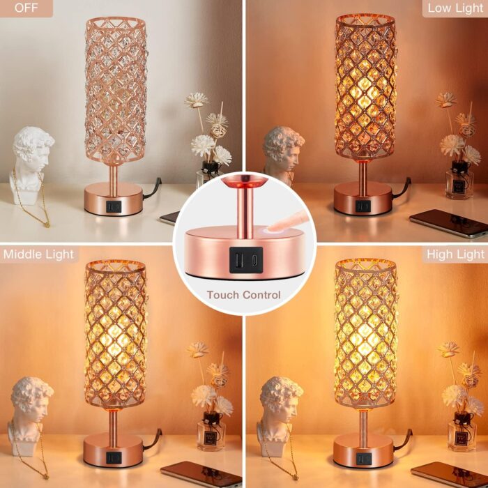 Hong-in Crystal Table Lamp, Rose Gold Lamp with USB C+A Ports, 3 Way Dimmable Touch Lamp with Crystal Shade, Bedside Nightstand Small Lamp for Living Room Bedroom Home Office (Bulb Included) - Image 3