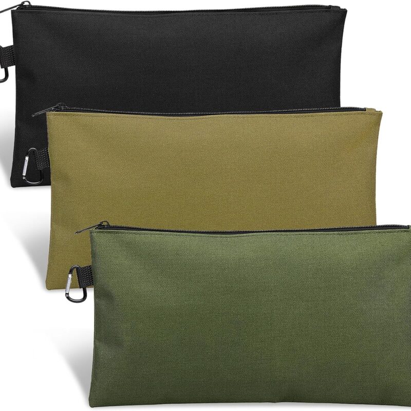 3 Pack Tool Bag Zipper Pouch, Premium Tool Pouch, Utility Multipurpose Storage Organizer Tool Pouches with Carabiner Metal Zipper for Tools, Stationary, Pencil Pouch (3 Pack, Tan, Navy Green, Black)
