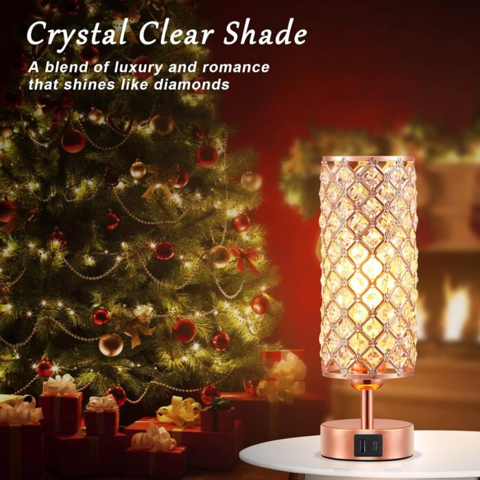 Hong-in Crystal Table Lamp, Rose Gold Lamp with USB C+A Ports, 3 Way Dimmable Touch Lamp with Crystal Shade, Bedside Nightstand Small Lamp for Living Room Bedroom Home Office (Bulb Included) - Image 2