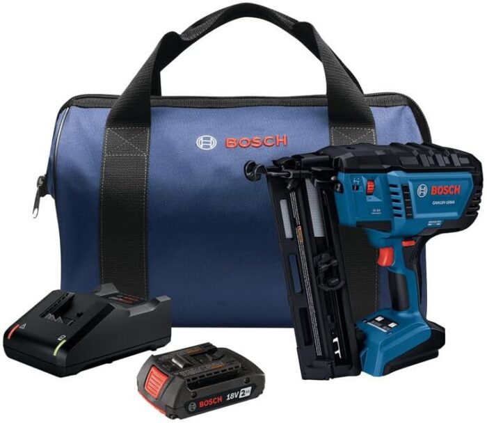 BOSCH GNH18V-16MAB12 18V Brushless 16-Gauge Angled Finish Nailer Kit with 2Ah Battery - Cordless, Compact, and Powerful for Interior Trims, Crown Moldings, and More