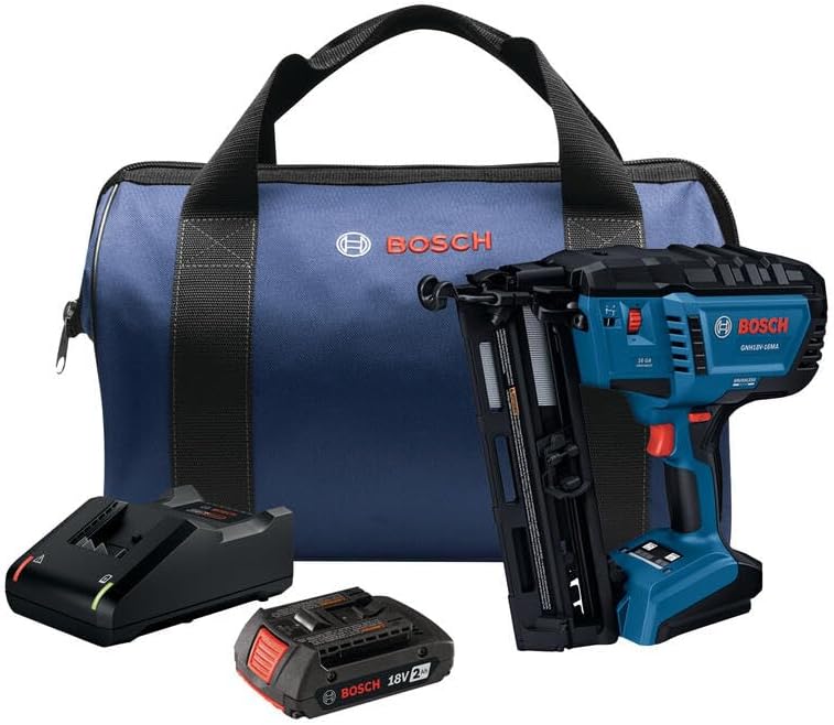 BOSCH GNH18V-16MAB12 18V Brushless 16-Gauge Angled Finish Nailer Kit with 2Ah Battery - Cordless, Compact, and Powerful for Interior Trims, Crown Moldings, and More
