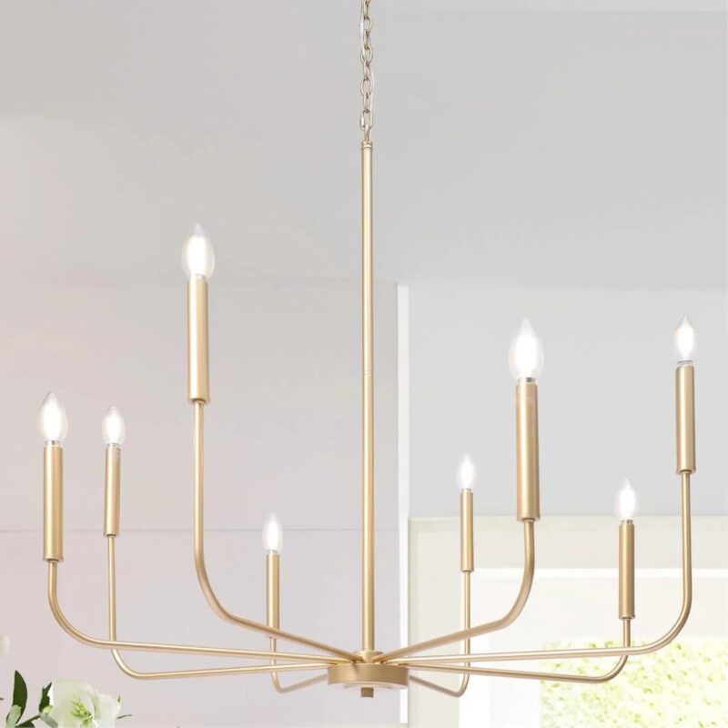 Gold Chandelier, 8-Light Farmhouse Dining Room Chandelier Over Table, 31.5'' Large Modern Chandeliers Hanging Light Fixture for Living Room Foyer Staircase High Ceilings
