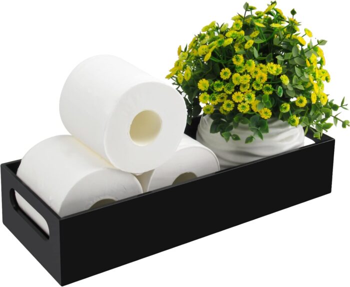 Tasybox Toilet Paper Holder with Storage, Acrylic Toilet Tank Tray, Black Bathroom Trays with Handles Vanity Tray for Home Decor