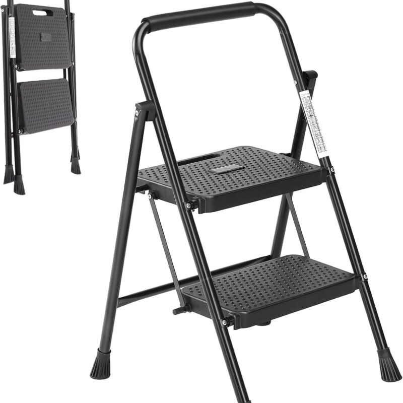 Simple Deluxe 2 Step Ladder, Step Stool Foldable, 800lbs Portable Ladder with Wide Anti-Slip Pedal, Step Stool for Adults, Lightweight Step Ladder for Home Kitchen and Outdoor