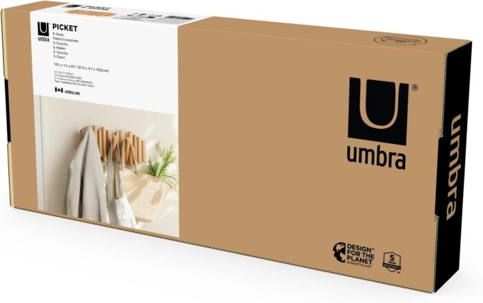 Umbra Picket 5 Hooks, Wall-Mounted Rail, Doubles as Art, Beveled Pine Wood Dowels, Natural Finish - Image 8