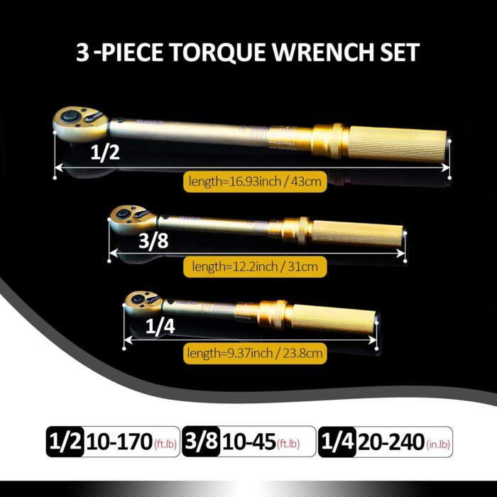 1/4 3/8 1/2 inch Drive Click Torque Wrench, 3Pcs Torque Wrench Set 20-240in.lb, 10-45ft.lb, 10-170ft.lb,72-Tooth Dual Range Scales with Quick Release Reversible Head for Car - Image 3