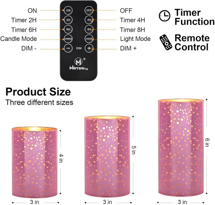 Pink Glass Battery Operated Flameless Candles with Remote and Cycling 24 Hours Timer, 450+ Hours Flickering LED Candles Warm White Light for Home Décor, Christmas (Batteries Included) - Image 6