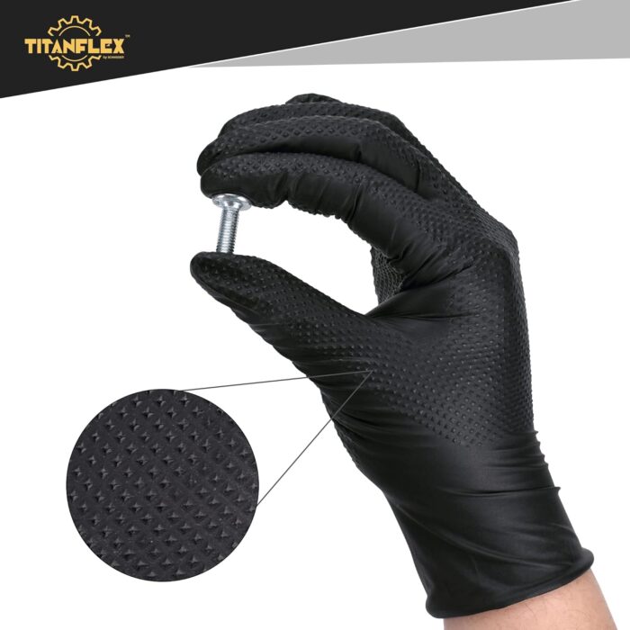 TitanFlex Thor Grip Heavy Duty Black Industrial Nitrile Gloves with Raised Diamond Texture, 8-mil, Latex Free - Image 5