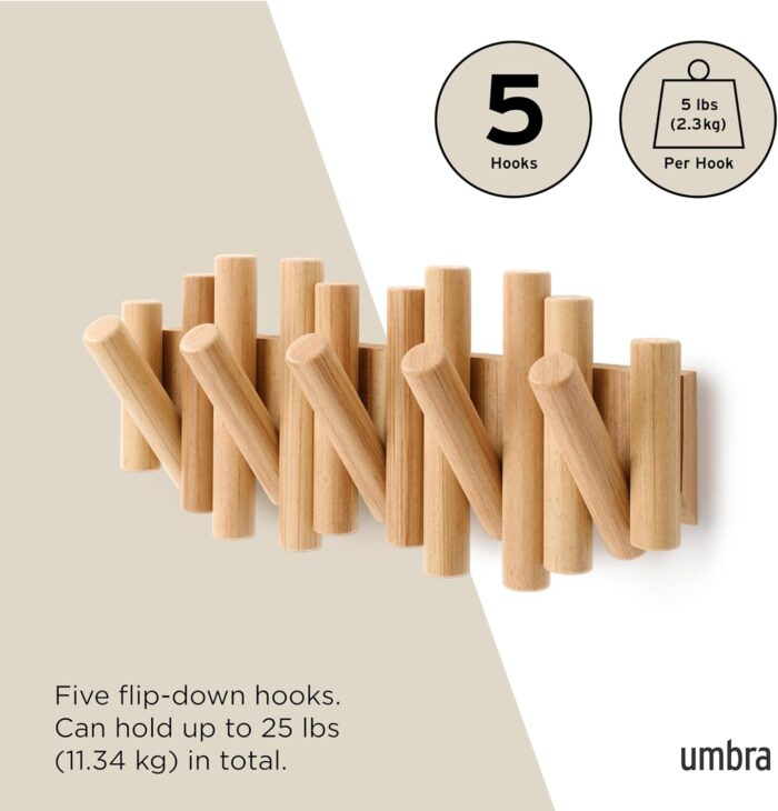Umbra Picket 5 Hooks, Wall-Mounted Rail, Doubles as Art, Beveled Pine Wood Dowels, Natural Finish - Image 5