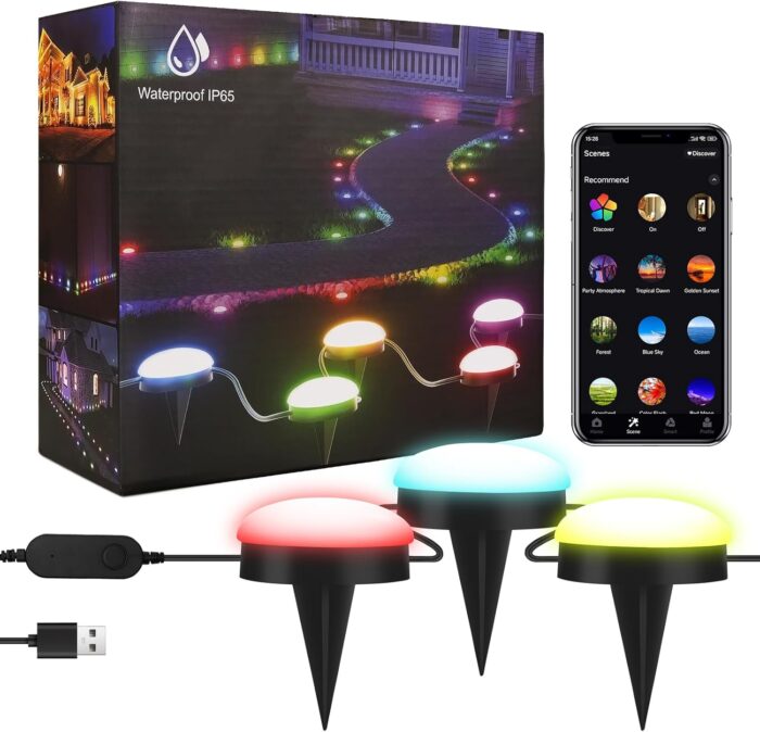 Outdoor Ground Lights, 33ft RGB+IC Outdoor Lights for Patio, 15 Pack Pathway Lights with App Bluetooth Control, LED Patio Lights with IP65 Waterproof for Garden Decor, Mulitiple Scene Modes