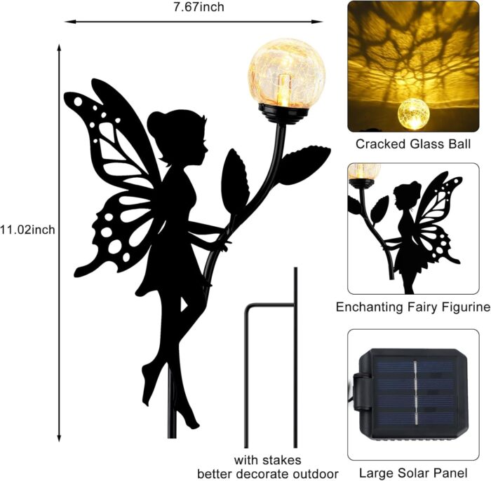 Ouddy Decor 2 Pack Solar Fairy Garden Decor, Metal Statues with Crackle Glass Globe Lights Silhouette Waterproof for Outdoor Lawn Patio Yard Pathway Home Decorations Gardening Gifts - Image 2