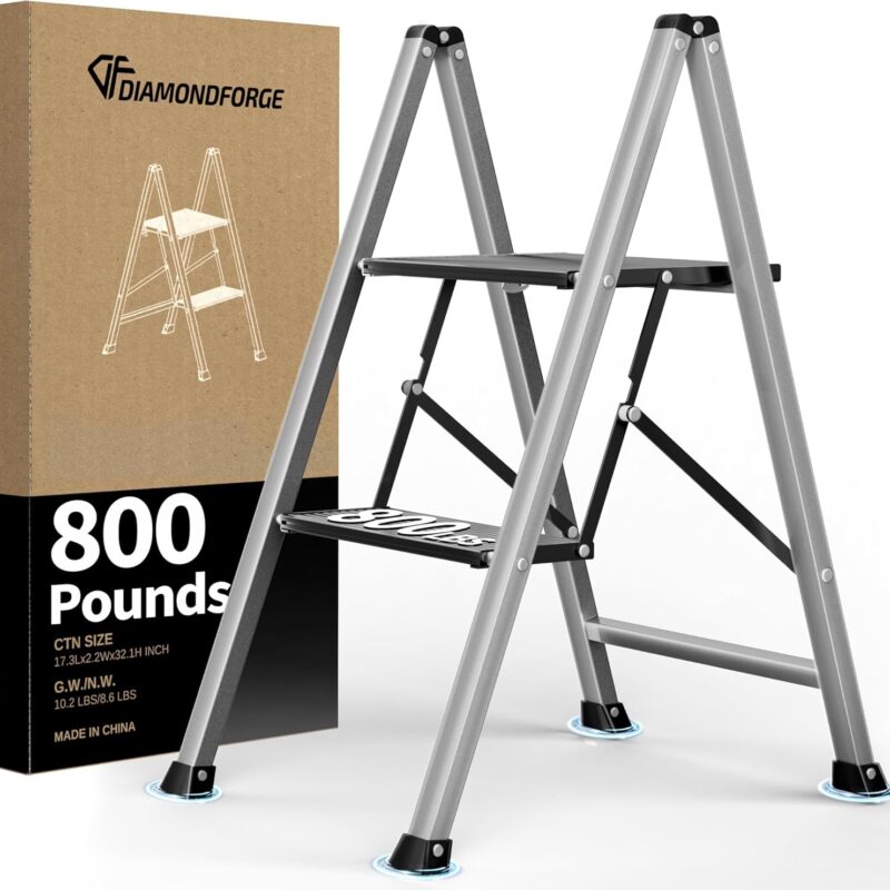 2 Step Aluminum Ladder, 800 lbs Capacity, Folding Step Stool for Adults, Anti-Slip Sturdy and Wide Pedal, Lightweight and Portable Stepladder for Home,Office, Grey