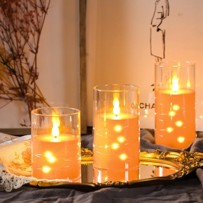 Da by Flickering Flameless Candles with Embedded Star String Lights, Battery Operated Candles with Remote and Timer,Acrylic LED Pillar Candles for Autumn Home Décor,Set of 3 -Orange - Image 4