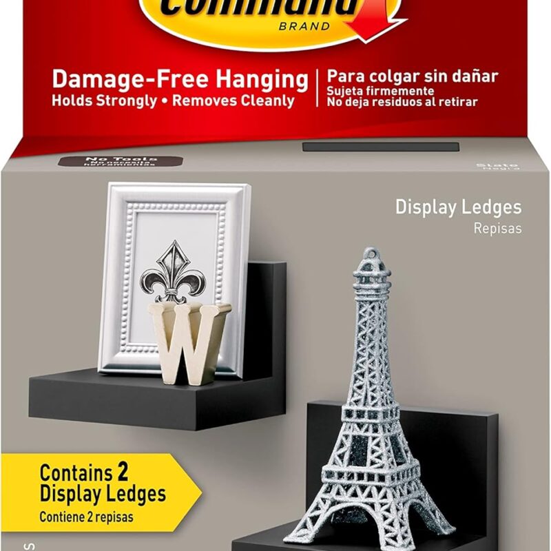 Command Display Ledges, Holds up to 2 lb, Slate, 2 Ledges with 8 Medium Command Strips, Damage Free Hanging Floating Shelf with Adhesive Strips, Personalize Living Room, Bedroom, Kids Room or Office