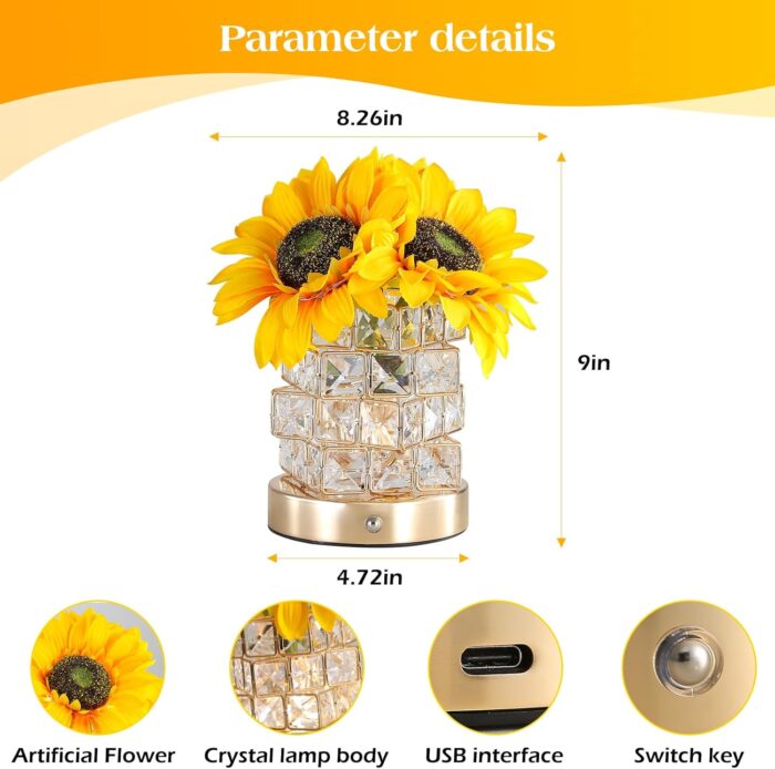 Sunflowers Flower Lamp,Rechargeable Cordless Touch Table Lamp,3-Colour Infinitely Dimming Battery Powered Small Night Light,Festival Restaurant Bedroom Bar Coffee Shop Birthday Gifts for Women Mom - Image 4