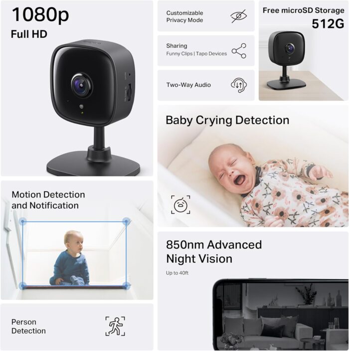 Tapo by TP-Link 1080P Indoor Security Camera for Baby Monitor, Pet Camera w/Motion Detection, 2-Way Audio, Night Vision, Cloud & SD Card Storage, Works w/Alexa & Google Home, Black, C101(4-Pack) - Image 2