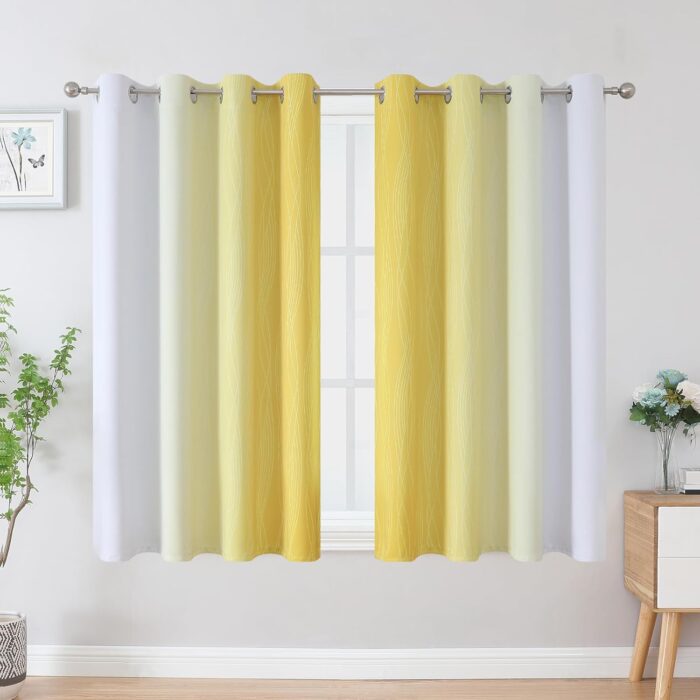 Estelar Textiler Yellow and Greyish White Blackout Curtains 45 Inch Length, Light Blocking Gradient Drapes for Kitchen, Thermal Insulated Grommet Ombre Curtains for Bathroom,52Wx45L,2 Panels - Image 2