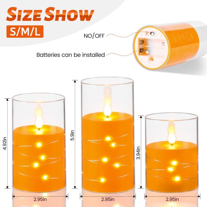 Da by Flickering Flameless Candles with Embedded Star String Lights, Battery Operated Candles with Remote and Timer,Acrylic LED Pillar Candles for Autumn Home Décor,Set of 3 -Orange - Image 7