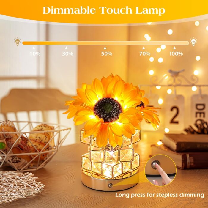 Sunflowers Flower Lamp,Rechargeable Cordless Touch Table Lamp,3-Colour Infinitely Dimming Battery Powered Small Night Light,Festival Restaurant Bedroom Bar Coffee Shop Birthday Gifts for Women Mom - Image 2