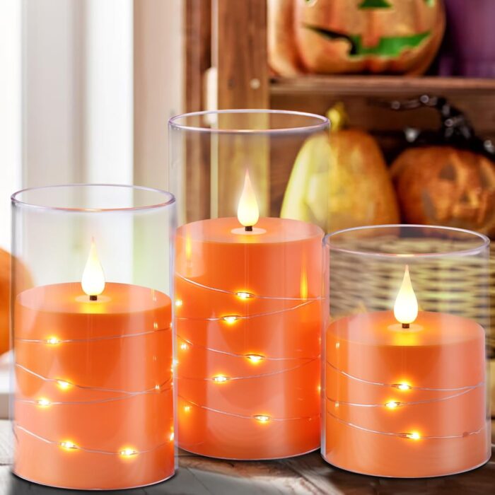 Da by Flickering Flameless Candles with Embedded Star String Lights, Battery Operated Candles with Remote and Timer,Acrylic LED Pillar Candles for Autumn Home Décor,Set of 3 -Orange - Image 2