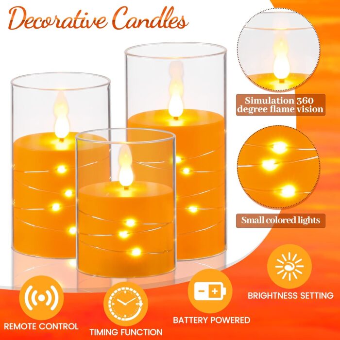 Da by Flickering Flameless Candles with Embedded Star String Lights, Battery Operated Candles with Remote and Timer,Acrylic LED Pillar Candles for Autumn Home Décor,Set of 3 -Orange - Image 3