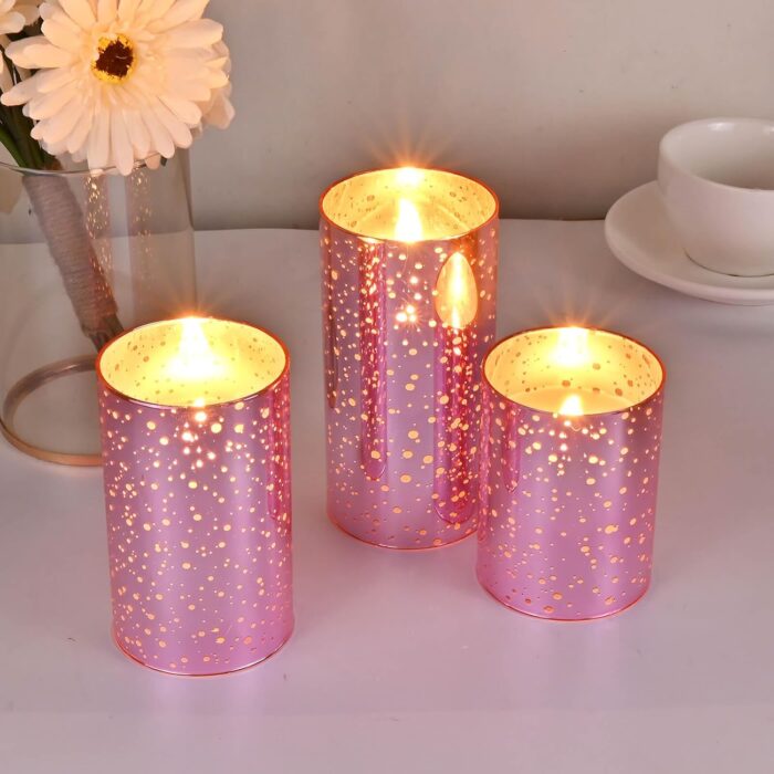 Pink Glass Battery Operated Flameless Candles with Remote and Cycling 24 Hours Timer, 450+ Hours Flickering LED Candles Warm White Light for Home Décor, Christmas (Batteries Included) - Image 3