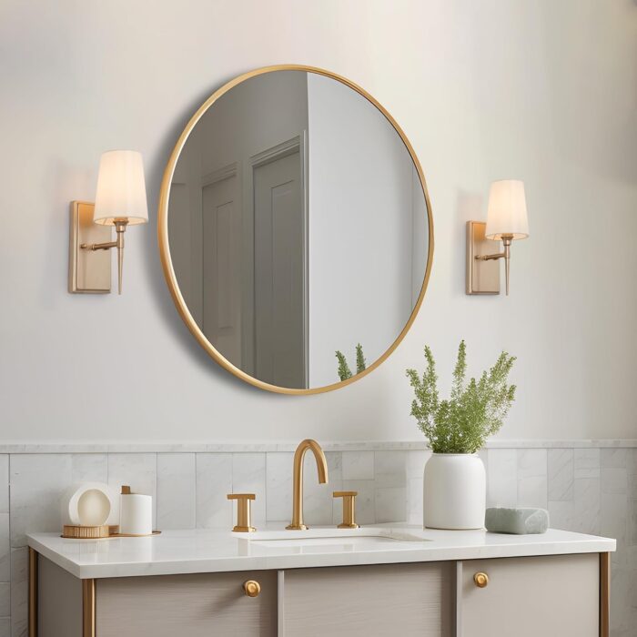 LALUZ Gold Wall Sconces, Modern 1-Light Gold Bathroom Light Fixtures with White Fabric Shade for Bathroom, Bedroom and Hallway - Image 3