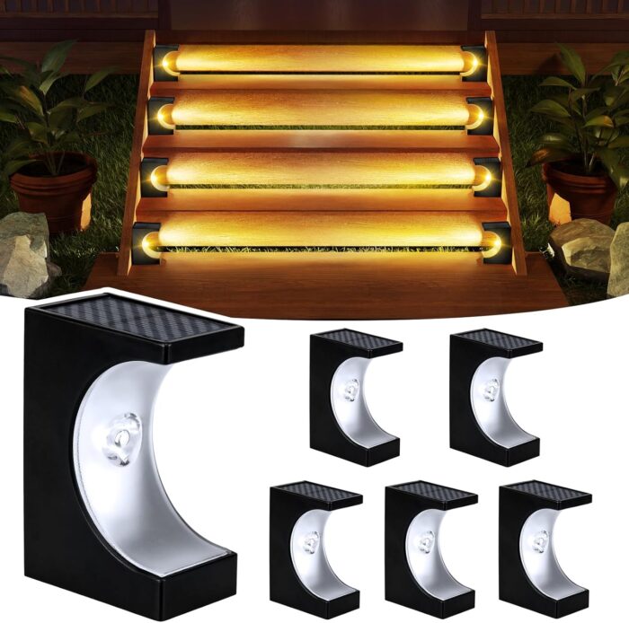 Fudosa Solar Step Lights for Outside - 6 Pack Waterproof Solar Stair Lights Deck Lighting Outdoor for Garden Backyard Landscape Yard Decor - Warm White