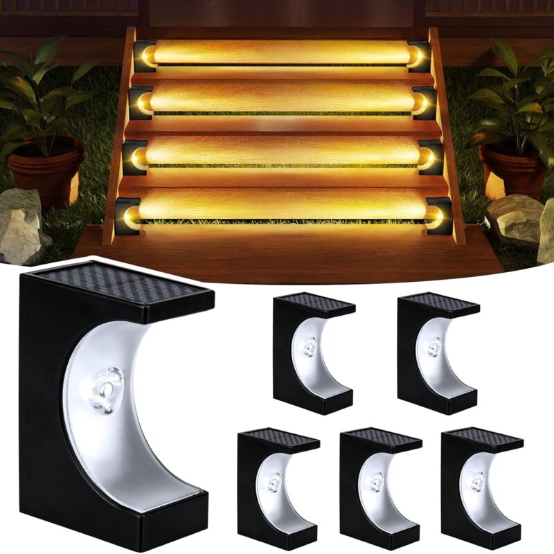 Fudosa Solar Step Lights for Outside - 6 Pack Waterproof Solar Stair Lights Deck Lighting Outdoor for Garden Backyard Landscape Yard Decor - Warm White