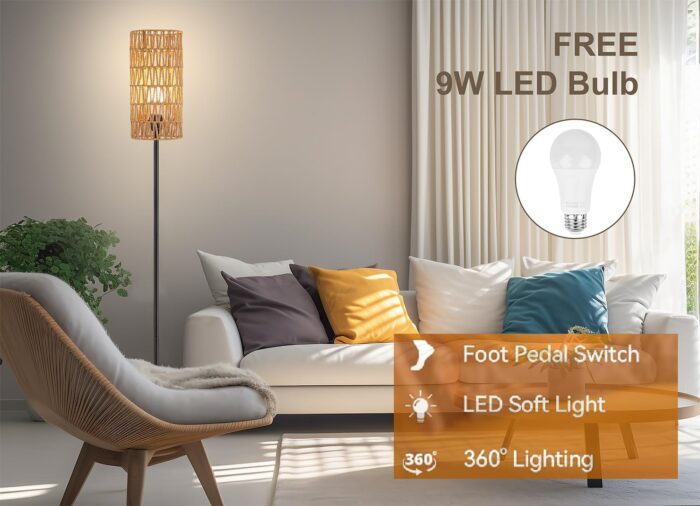 Floor Lamp for Living Room,Farmhouse Rattan Floor lamp,Modern Standing lamp with Hand-Worked Rattan Shade,Black Tall Lamp with Foot Switch - Image 3