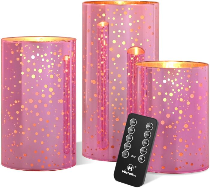 Pink Glass Battery Operated Flameless Candles with Remote and Cycling 24 Hours Timer, 450+ Hours Flickering LED Candles Warm White Light for Home Décor, Christmas (Batteries Included)