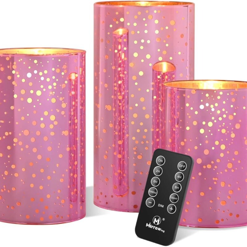 Pink Glass Battery Operated Flameless Candles with Remote and Cycling 24 Hours Timer, 450+ Hours Flickering LED Candles Warm White Light for Home Décor, Christmas (Batteries Included)