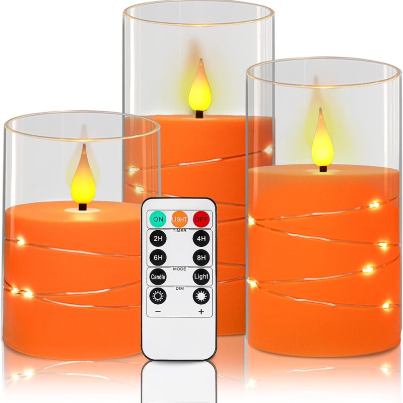 Da by Flickering Flameless Candles with Embedded Star String Lights, Battery Operated Candles with Remote and Timer,Acrylic LED Pillar Candles for Autumn Home Décor,Set of 3 -Orange