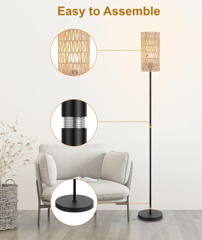 Floor Lamp for Living Room,Farmhouse Rattan Floor lamp,Modern Standing lamp with Hand-Worked Rattan Shade,Black Tall Lamp with Foot Switch - Image 4