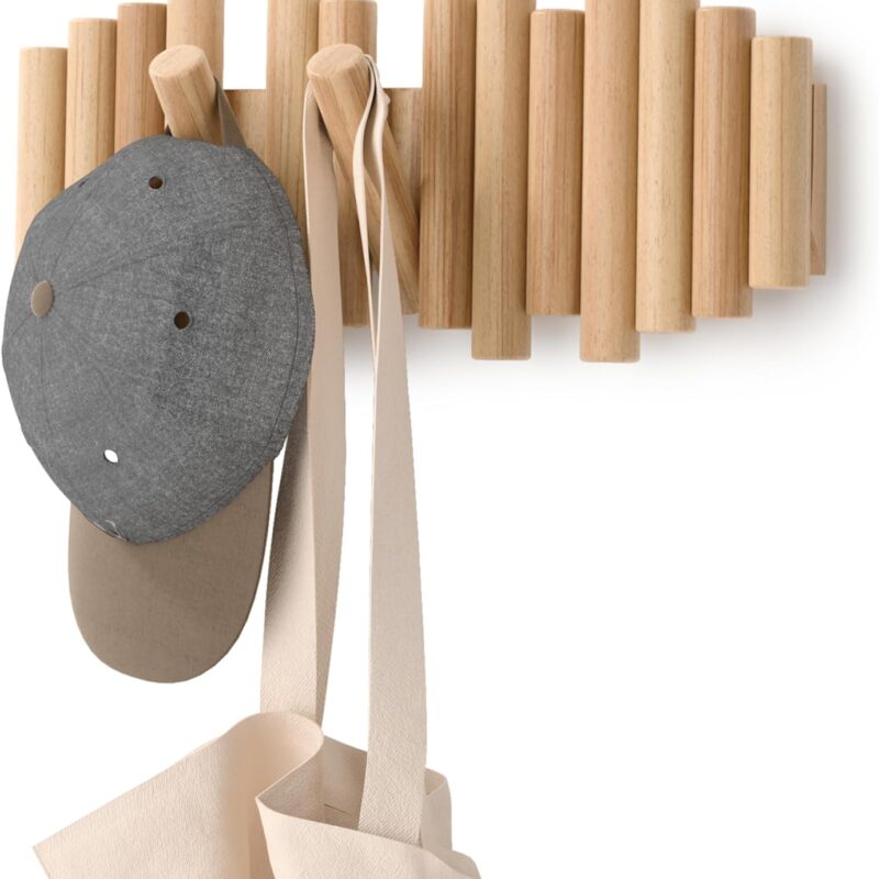 Umbra Picket 5 Hooks, Wall-Mounted Rail, Doubles as Art, Beveled Pine Wood Dowels, Natural Finish