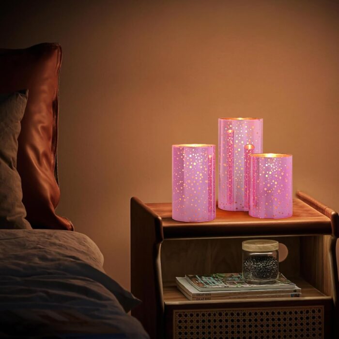 Pink Glass Battery Operated Flameless Candles with Remote and Cycling 24 Hours Timer, 450+ Hours Flickering LED Candles Warm White Light for Home Décor, Christmas (Batteries Included) - Image 2