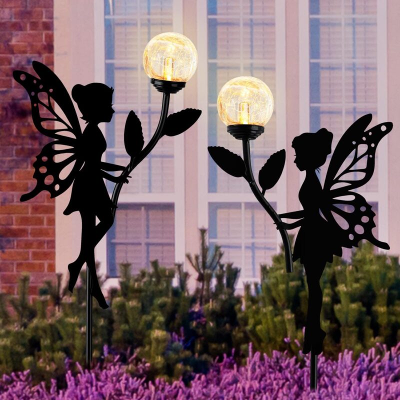 Ouddy Decor 2 Pack Solar Fairy Garden Decor, Metal Statues with Crackle Glass Globe Lights Silhouette Waterproof for Outdoor Lawn Patio Yard Pathway Home Decorations Gardening Gifts