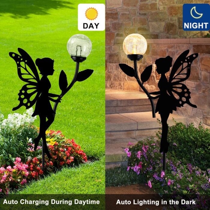 Ouddy Decor 2 Pack Solar Fairy Garden Decor, Metal Statues with Crackle Glass Globe Lights Silhouette Waterproof for Outdoor Lawn Patio Yard Pathway Home Decorations Gardening Gifts - Image 3